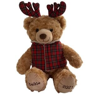 Belkie Plush Reindeer Antler Teddy Bear 2025 Holiday Christmas Vest Flannel